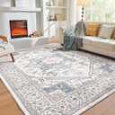 OPPODREAM 6' x 9' Soft Area Rug with Non-Slip Backing, Washable Low Pile Faux Cashmere Rug, Grey, Blue, Cream