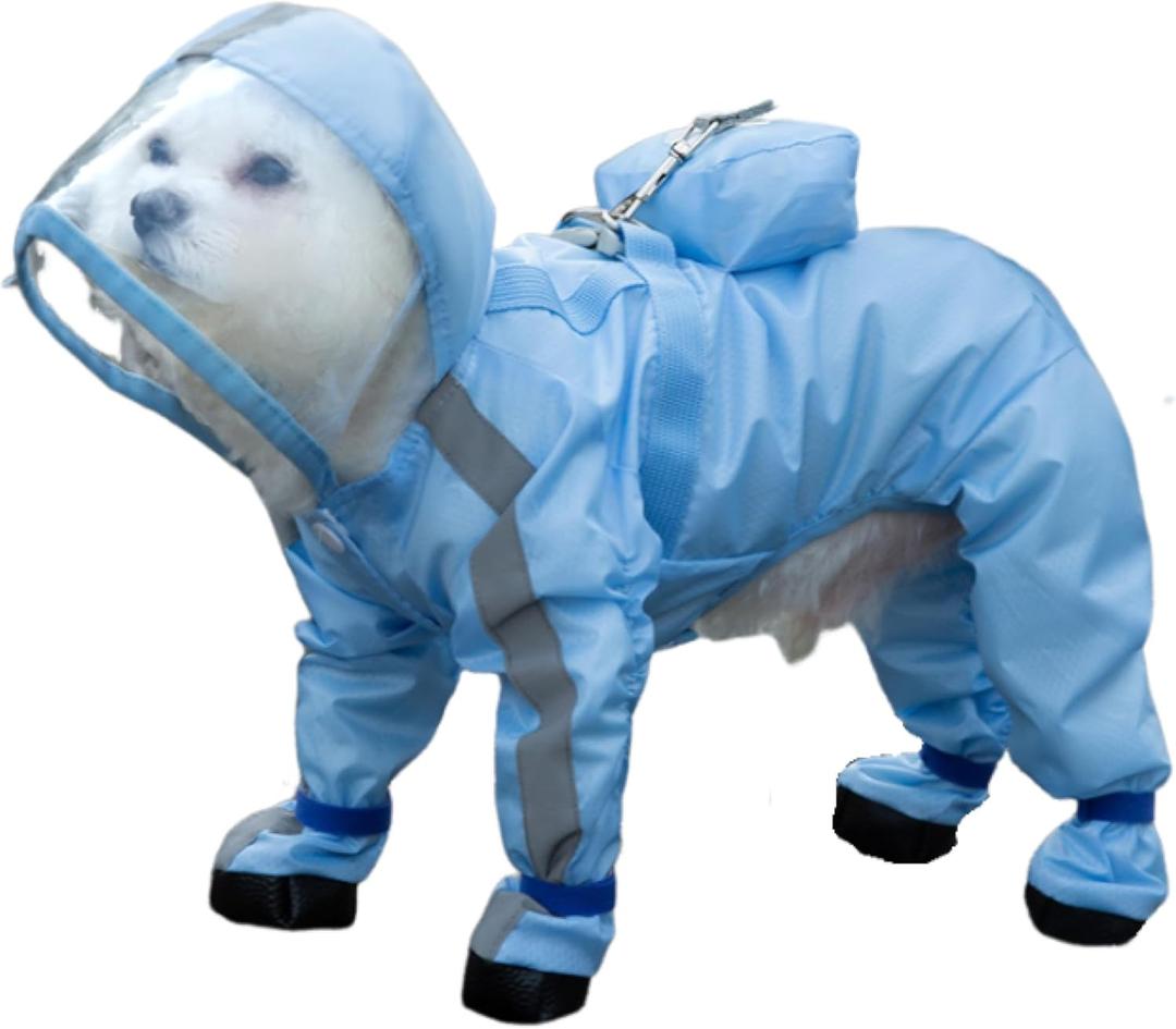 Full Coverage Small Dog Raincoat, Waterproof with Four-Leg Protection, Ideal for Teddy Bears, Includes Waterproof Mini Backpack (Blue, XX-Large (Suggest Weight 16.6-22lb)