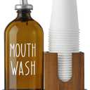 Amber Glass Mouthwash Dispenser for Bathroom, 16 OZ Mouthwash Dispenser with Pour Spout and Acacia Wood Cup Holder and Tray, Mouth Wash Bottle Container for Kitchen Bathroom Decor and Accessories