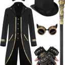 Suhine 6 Pcs Halloween Steampunk Costume Accessories for Men Steampunk Jacket Gothic Top Hat Vintage Bow Tie Goggles Cane Glove for Halloween Cosplay
