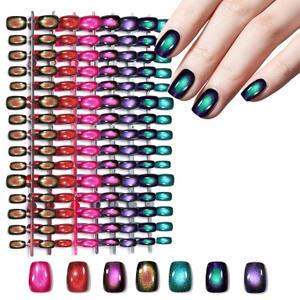 Laza 210pcs Cat Eye Press on Nails for Women 7 Colors Glossy Glitter Black Hole Short Square Reusable Nail Tips in 15 Sizes Long Lasting Salon Fake Nails Stick - Galaxy Chameleon
