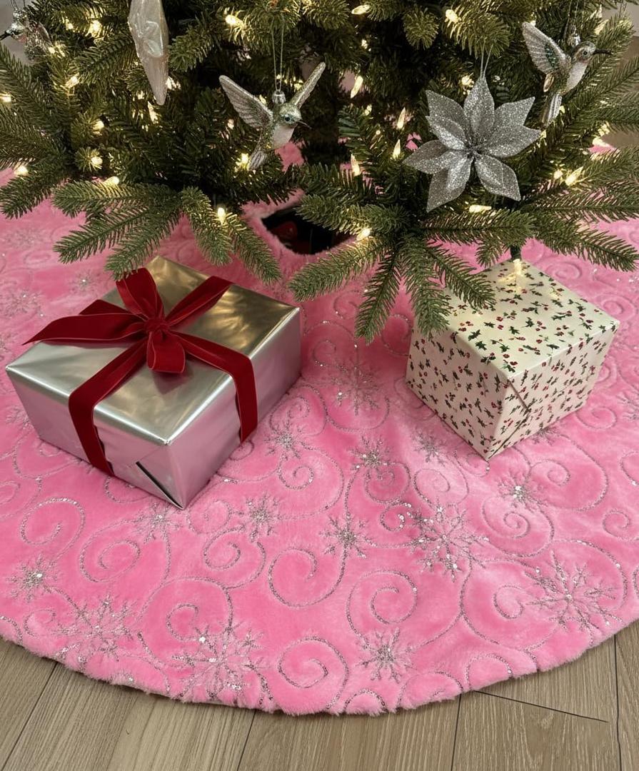 AOGU 48 Inch Sequin Faux Fur Christmas Tree Skirt for Christmas Tree Decorations Pink Plush Silver Sequin Snowflake Tree Skirt