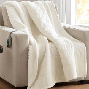 Beautyrest Heated Blanket, Eletric Throw Blanket, Soft, Warm, Reversible Plush - Sherpa Heating Blanket Throw for Office, Couch, 3 Heat Settings, 2 hr Auto Shut Off, Machine Washable, 50 x 60 Ivory