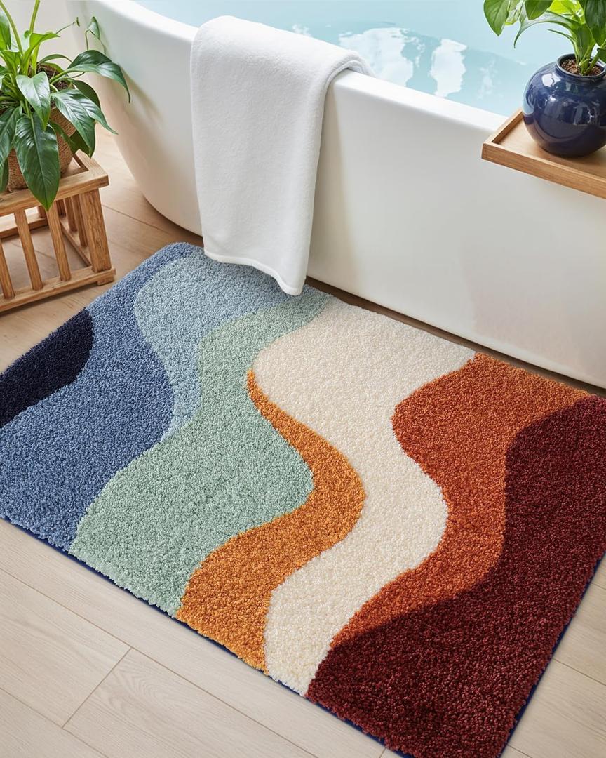 DEXI Bathroom Rug Washable, 24x43 Non Slip Bath Large Mat Absorbent, Soft Plush Microfiber Bathmat Quick Dry for Shower Floor, Colorful