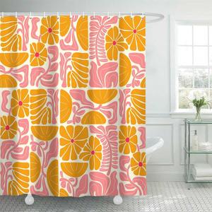 Boho Abstract Colorful Floral Shower Curtain, Vintage Retro Patchwork Orange Pink Flower Botanical Geometric Aesthetic Groovy Bathroom Decor Shower Curtain Set with 12 Hooks, 70X70IN