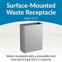 Bobrick Surface-Mounted Waste Receptacle, 6.4-gallon Capacity, Satin-Finish Stainless Steel, Open Top Design with Removable Vinyl Liner, 14" W x 18" H x 6" D (Model B-279)