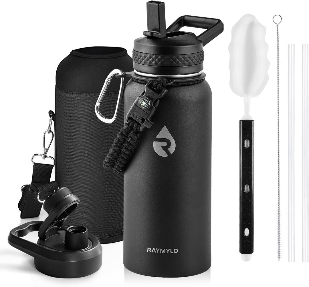 RAYMYLO Insulated Water Bottle 32 oz, Triple Wall Vacuum Stainless Steel (Cold for 48 Hrs), Leak Proof & Non-BPA, Modern Water Flask Jug with Paracord Handle & Straw Spout Lids, Magic Black