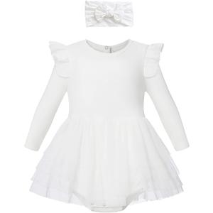 O2 BABY Organic Cotton Baby Girls Tutu Dress Baby's Tulle Dress with Headband Outfit Set (3-6 Months, Long Sleeve Ivory)