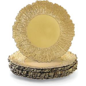 Coloch Set of 12 Plastic Gold Charger Plates, 13" Reusable Reef Serving Charger for Dinner Plate Round Shiny Decorative Charger Plate for Wedding, Catering, Parties, Restaurant, Home Dinner Use