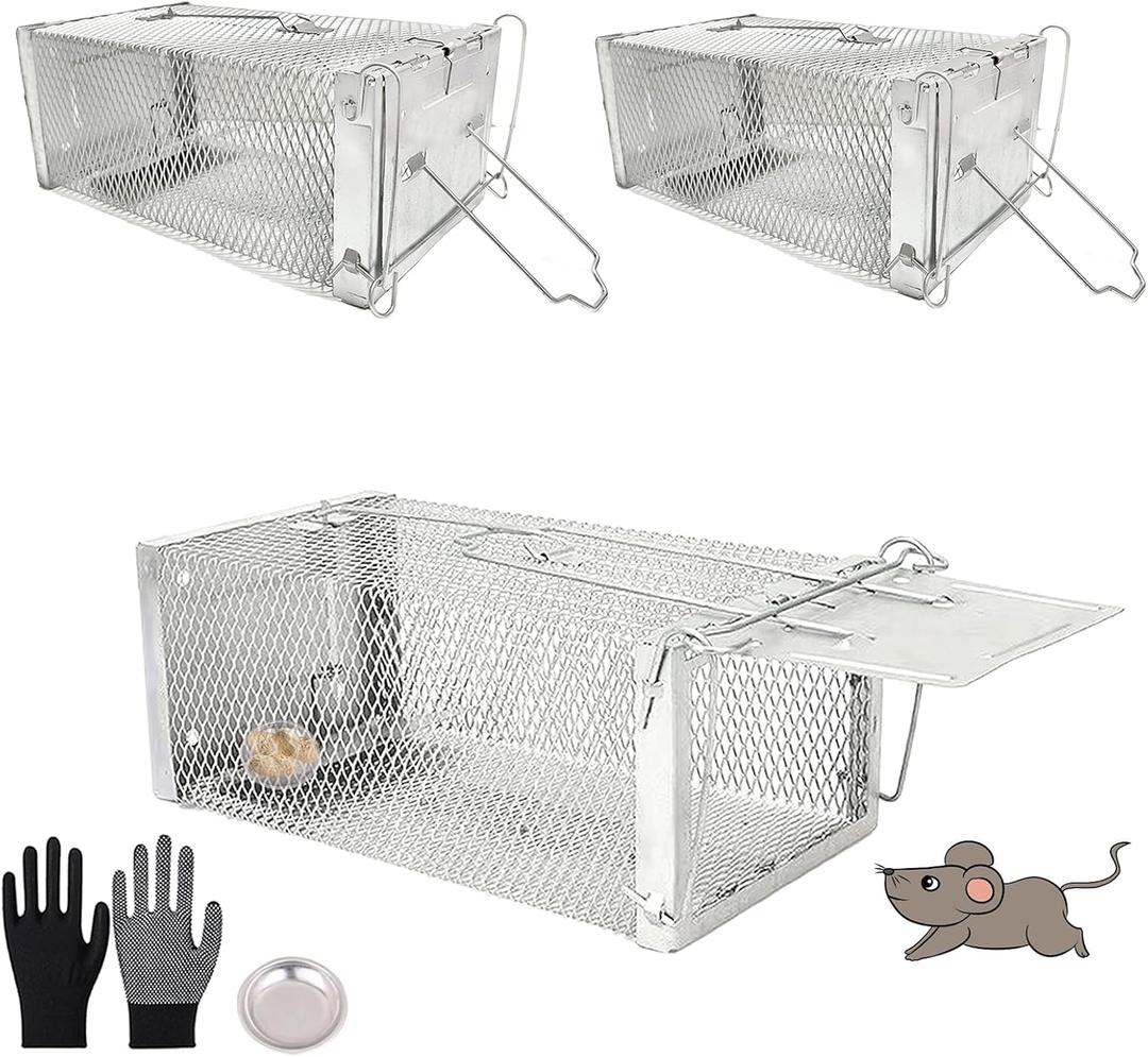 3 Packs Humane Rat Trap, Live Mouse Cage Traps Catch and Release for Outdoor and Indoor Chipmunk, Small Animals, Rodent - Sliver (10.5"x 5.5"x 4.5")