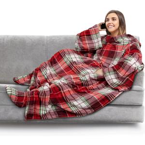 PAVILIA Fleece Blanket with Sleeves, Foot Pockets for Women Men Adults, Plush Wearable Blanket Throw Wrap, Warm Snuggle Blanket Robe, Cozy Gift Ideas Wife Mom, Christmas Plaid