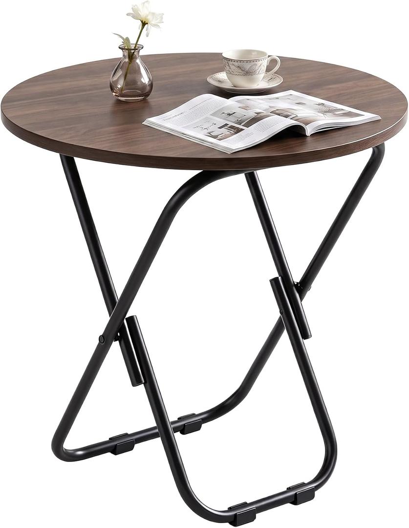 VECELO 17.7" Folding Table, Small Round Patio Outdoor Side Table, Foldable Wooden Table with Weather Resistant Steel Frame, Patio Table for Camping Picnic Garden Living Room Bedroom, 1 Set