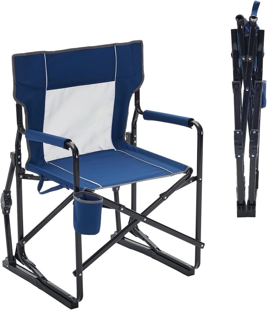 Folding Rocking Chair for Adults - Outdoor Camping and Lawn Chair with Breathable Mesh, Detachable Waterproof Armrests and Cup Holder Portable Travel Seat, Navy Blue, 24.84*24.57*36.22inch