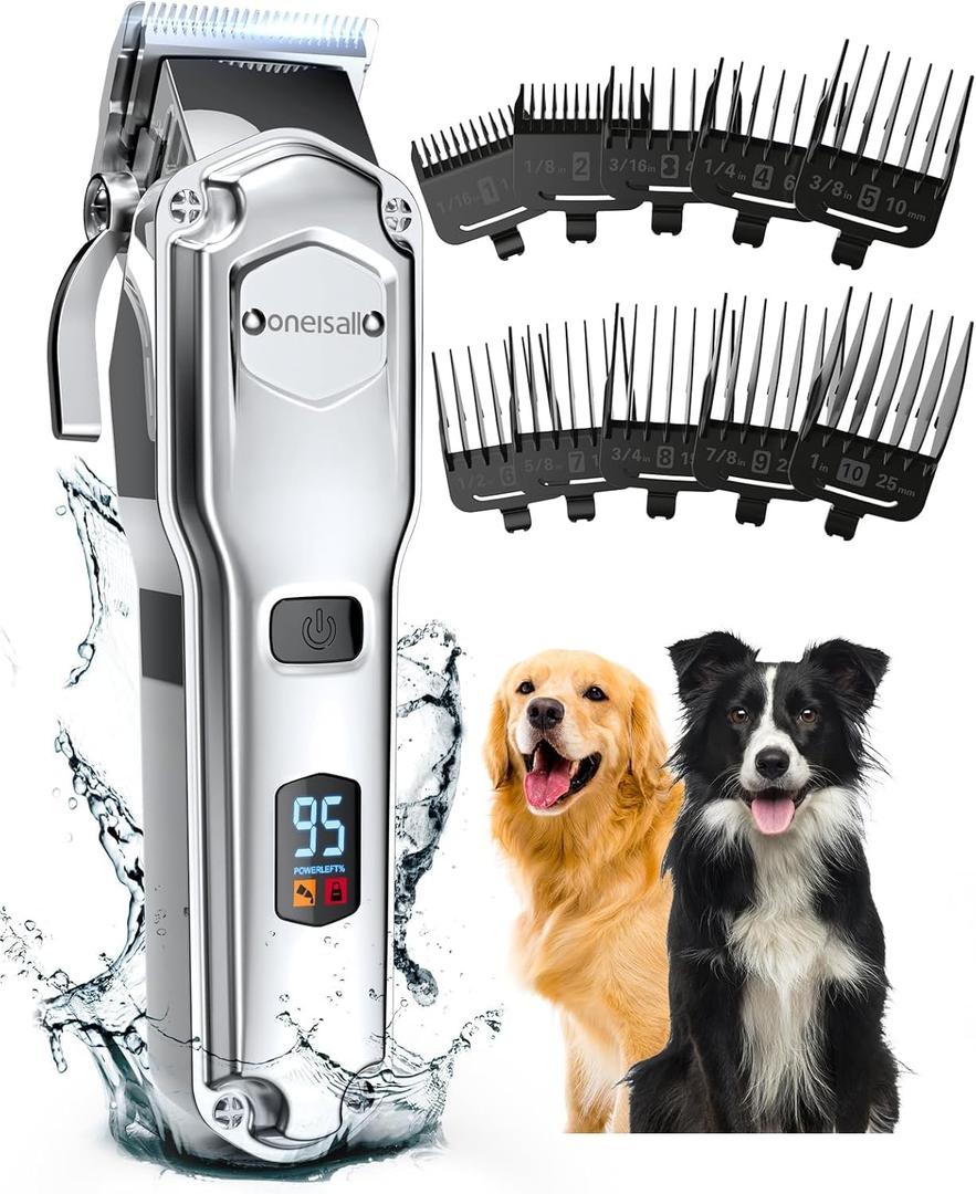 Oneisall Dog Clippers for Grooming for Thick Heavy Coats/Low Noise Rechargeable Cordless Pet Shaver with Stainless Steel Blade/Waterproof Dog Shaver for Dogs Pets and Animals (Silver)
