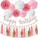 Pink Rose Gold Birthday Party Decorations Set, Rose Gold Glittery Happy Birthday Banner, Tissue Paper, Circle Dots Garland and Tassel Garland for Birthday Party Decorations