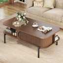 Coffee Table, 39.4" Mid Century Modern Coffee Tables for Living Room, Coffee Table with Storage Open Shelf, Fluted Table with Sliding Cabinet Door, 2-Tier Rustic Wood Desktop, Walnut