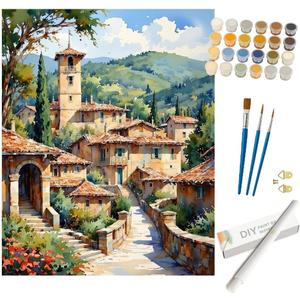 Italian Village Paint by Numbers Kit for Adults - DIY Scenic Village with Tower Painting on Rolled Canvas 16x20 Inches, Acrylic Paint Set for Beginners, Art for Home or Italian-Inspired Gifts