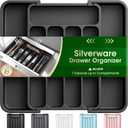 Aujen Silverware Organizer - Expandable Kitchen Drawer Organizer, Adjustable Utensil Organizer, Cutlery Tray for Forks, Knives, Multipurpose Kitchen Organizers and Storage Solution, Black, Medium