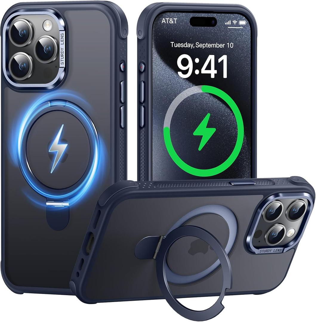 Case for iPhone 15 pro, with Invisible Magnetic Stand, Mil-Grade Drop Protection, Non-Slip, Anti Fingerprint Anti Scratch, Shockproof Matte Phone Case (Navy Blue)