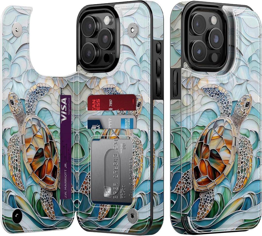 Goodon for iPhone 15 Pro Wallet Case with Card Holder,RFID-Blocking,Aesthetic Vintage Floral Girly Shell,Trendy Unique Cool Retro Protective Phone Cover for Women Girls - Ocean Mosaic Art