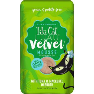 Tiki Cat Luau Velvet Mousse, Tuna & Mackerel in Broth, Complete Nutrition for Balanced Diet, Wet Cat Food For All Life Stages, 2.8 oz. Pouch (12 Count) 08/14/2026