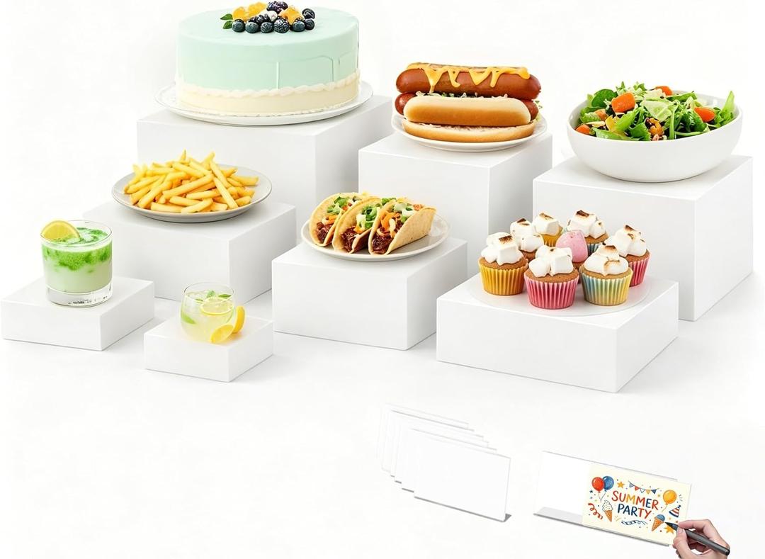 8 Pcs White Acrylic Buffet Risers with 8 Card Holders, Food Display Risers for Buffet Table Party, Multi-Height Catering Risers for Dessert Table Decoration (11"-10"-8"-7"-6.5"-6"-5"-4")