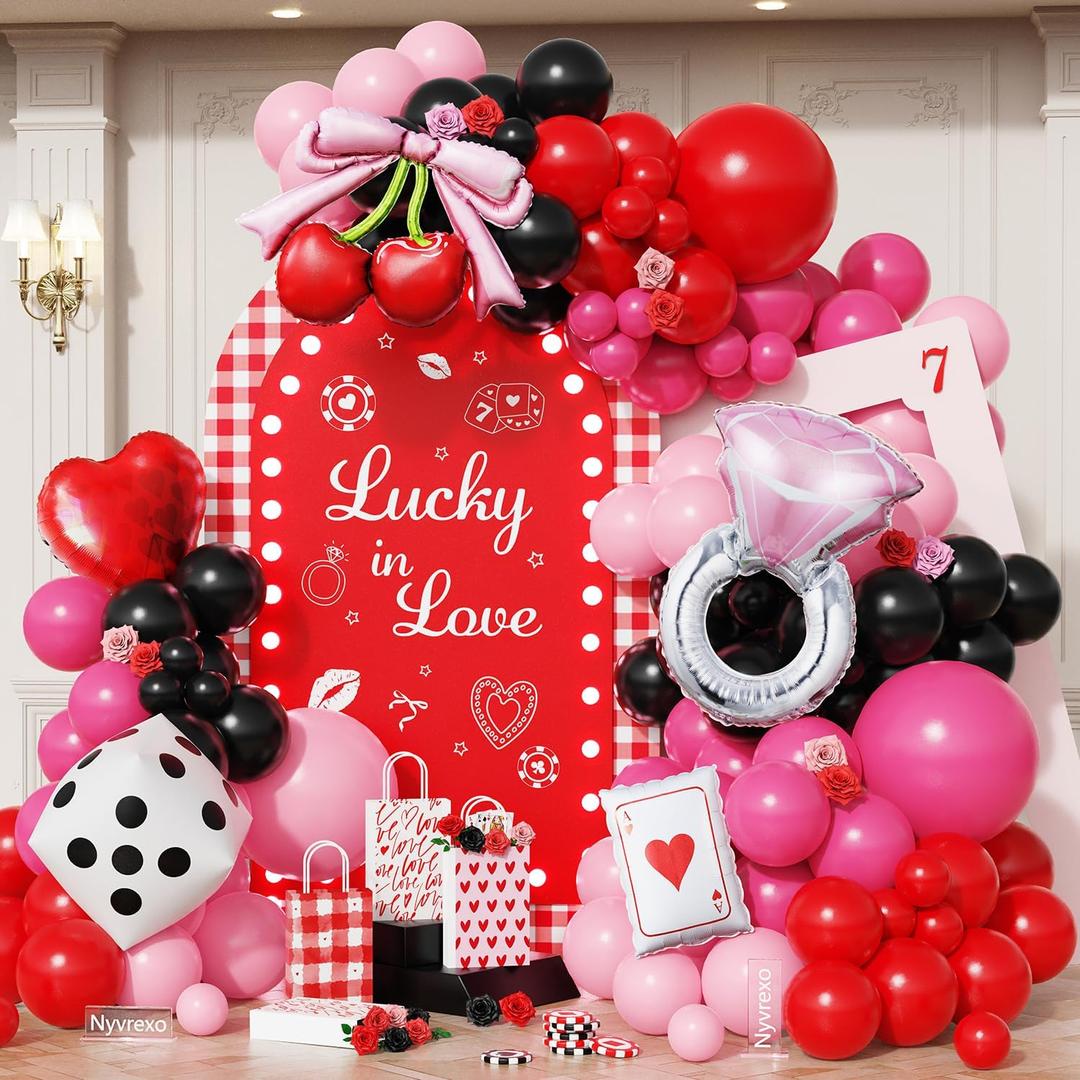 Lucky In Love Bachelorette Party Decorations, 146Pcs Red and Pink Vegas Bachelorette Party Balloon Arch Garland Kit for Valentines Day Bridal Shower Casino Bach Party Wedding Decor