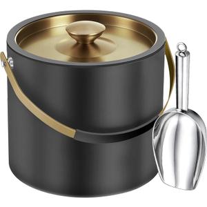 3.2L/3.4QT Modern Insulated Ice Bucket with Silicone Lid, Scoop, Strainer, Double Wall Stainless Steel Ice Bucket for Parties & Cocktail Bar,Ideal for Gift(Black)