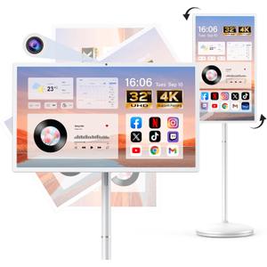 32" Smart Portable TV on Wheels, UHD Touch Screen Rolling TV, 16GB RAM + 128GB Storage, Powerful Qualcomm Snapdragon CPU, Android 14 EDLA Certified, Supports Google Play with 10000+ Apps (White)