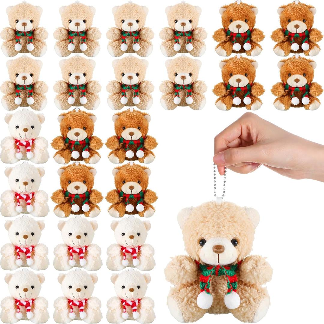 Zubebe 24 Set Christmas Bear Stuffed Animal 4.3 Inch Mini Keychain, Plush Tiny Bears Party Favors With Detachable Scarf for Xmas Birthday Wedding Decoration