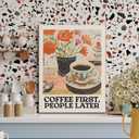 WALLZK Framed Coffee Wall Art Coffee First Poster Canvas Prints Trendy Retro Cafe Bar Painting Pictures Decor for Kitchen Dining Room 16"x24"