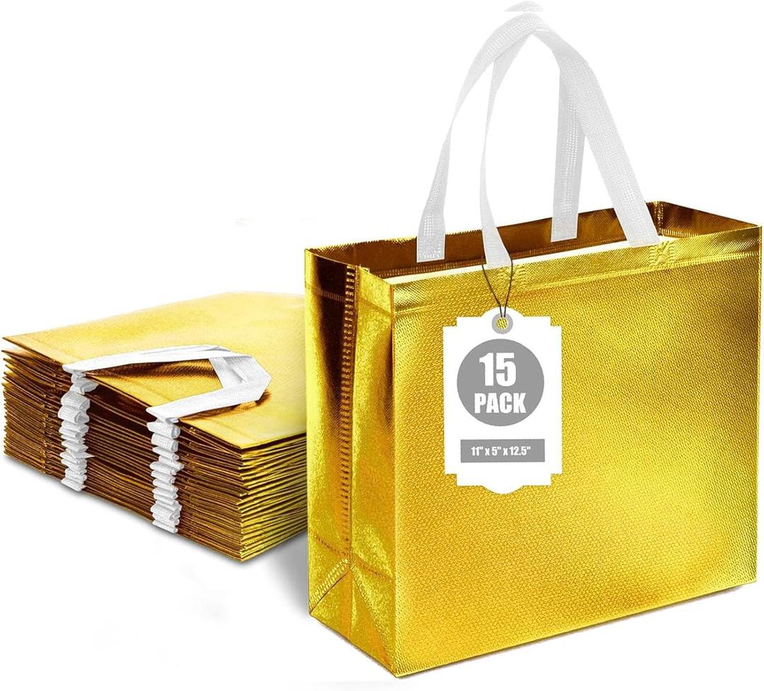 VGOODALL 15PCS Reusable Gift Bags with Handles, 12.6 x 5 x 11, Gold, Bulk, Large Party Favor Bags for Birthday, Wedding
