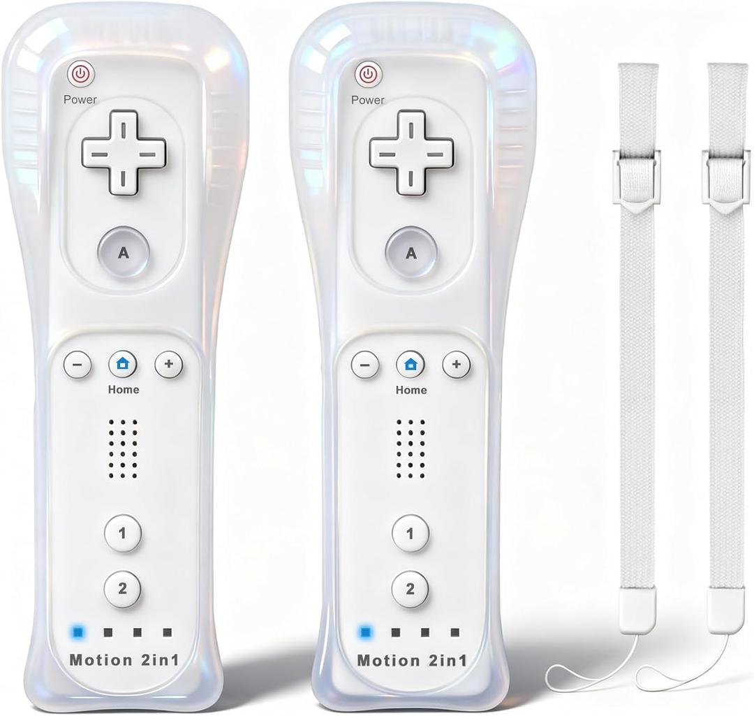 2 Pack Wii Remote Controller with Motion Plus, Wireless Controller for Nintendo Wii and Wii U, with Silicone Case and Wrist Strap, No Nunchucks (white)