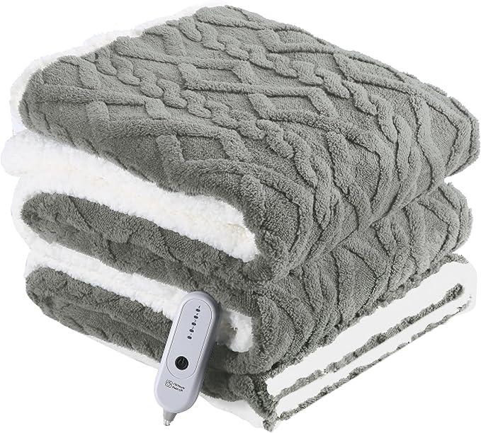 Electric Heated Blanket Fluffy Ultra Soft Electric Blanket with 3D Stylish Design, 240g Plus 200g Sherpa, 5 Fast Heating Levels & 10 Hours Auto Off, Machine Washable, Gray