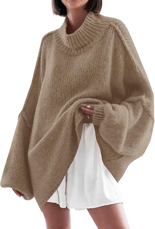 Saodimallsu Womens Oversized Sweaters Mock Neck Batwing Long Sleeve 2025 Fall Trendy Ribbed Knit Casual Tunic Sweater, Light Brown, Medium