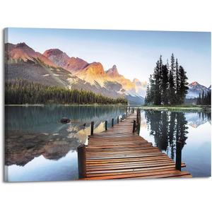 Lake Boardwalk Canvas Wall Art: Nature Mountain Sunset Scenic Artwork Woodland Water Print Picture for Bedroom, 24"L x 16"W