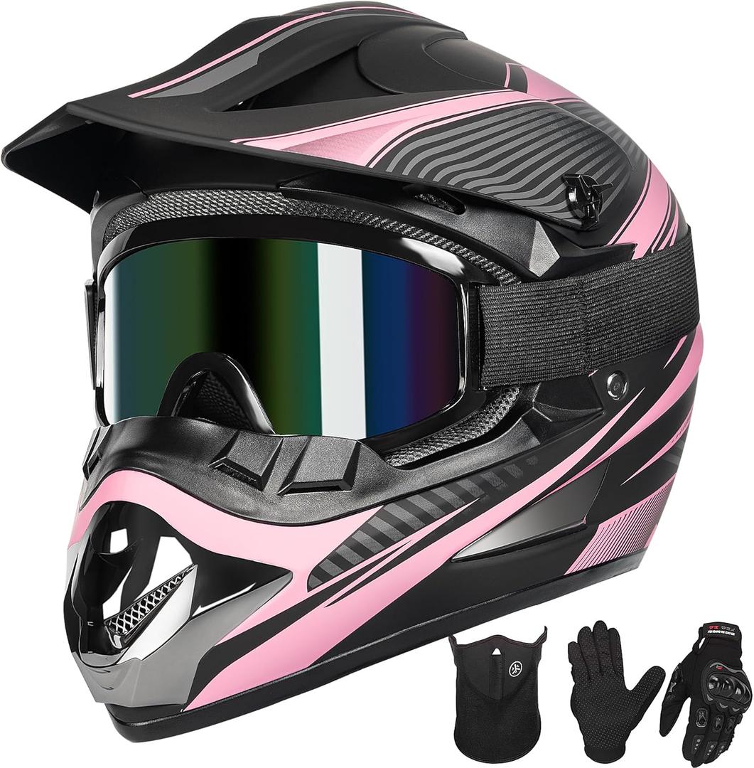 Yesmotor Youth Dirt Bike Helmet Quick Release Buckle - Dirt Bike Helmets for Kids, Youth ATV Helmet (Gloves Goggles Mask) 4Pcs Set - DOT Approved（Pink, S）
