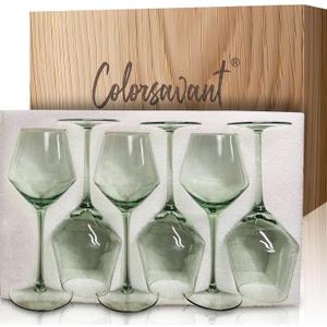 Sage Green Wine Glasses Set 6-16oz, Long Stem - Hand Blown Pale Sage Green Stemware for Wedding Deco