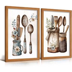 Doqueodas 2Pcs Vintage Country Kitchen Canvas Wall Art Wood Frame 16x24 in