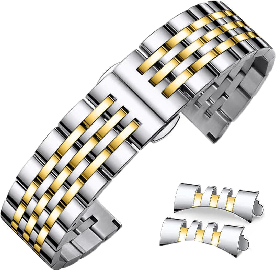 Stainless Steel Watch Band Straight & Curved End 14mm 16mm 18mm 19mm 20mm 21mm 22mm 23mm 24mm Premium Polished Metal Watch Band Bracelet Universal Smartwatch Replacement Strap Men Women (Two-Tone Silvergold)