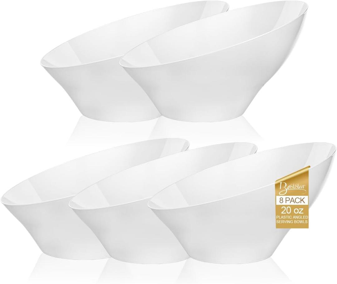 BESTSTAR 20OZ Plastic White Serving Bowls 8 Pack Angled Disposable Party Bowls for Chips, Salad, Fruit & Candy  Heavy Duty Clear Serving Bowls for Parties, Buffet, Catering, Christmas
