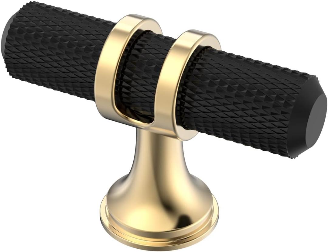 Alzassbg 10 Pack Matt Black and Gold Cabinet Knobs, 2 Inch(50mm) Cabinet Hardware T Bar Knurled Knobs for Cupboard and Drawers AL6087KGP-MB (2" Single Hole)