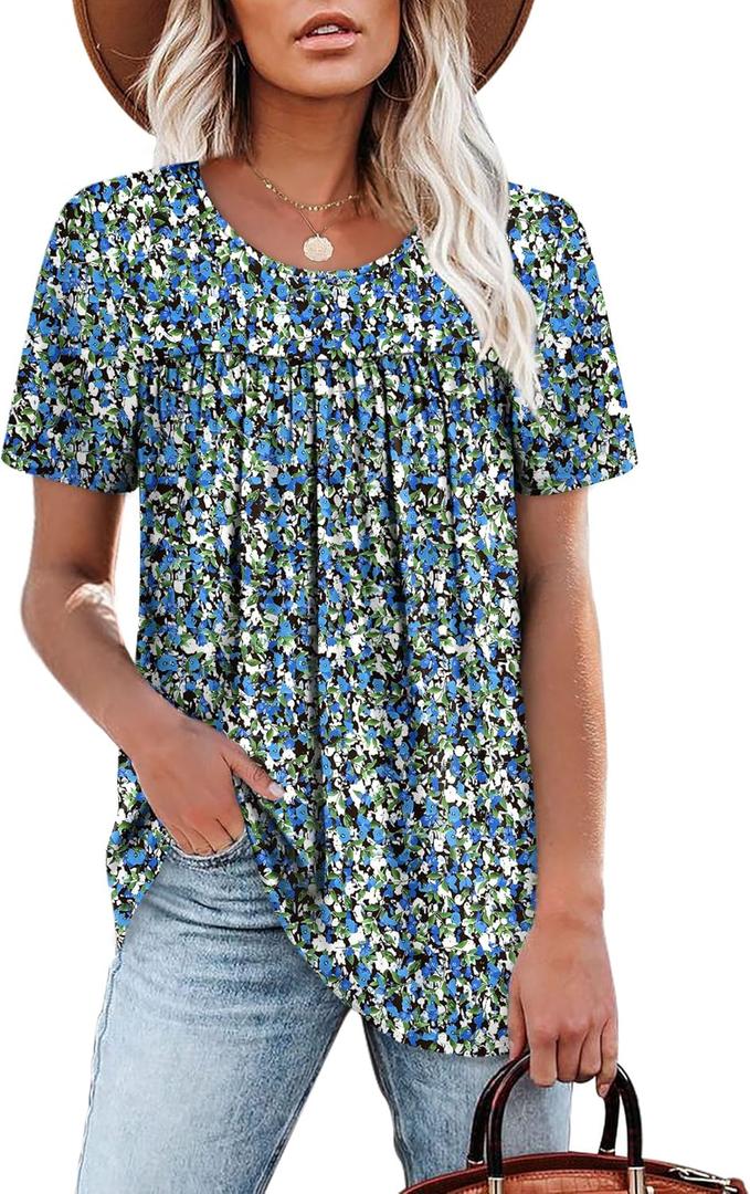 WIHOLL Womens Tops Short Sleeve T Shirts Pleated Dressy Casual Round Neck Summer Clothes Outfits Blouses Loose Fit (Large)