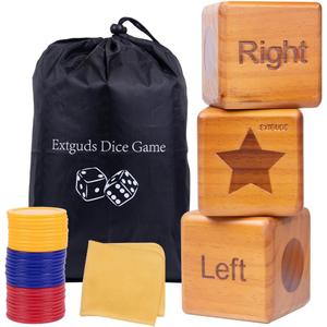 Giant Right Center Left Dice Game Set, Classic Left Right Center Game for Family & Party Fun, with Colorful Chips, Wooden Dice, Storage Bag, Instructions,Cleaning Cloth, Easy-to-Learn Wooden Dice Game