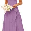 TIRAS Long Chiffon Bridesmaid Dresses with Slit V Neck Short Sleeve Ruffled Split Long Bridesmaid Dress with Pockets CM176 (Dusty Purple, M)