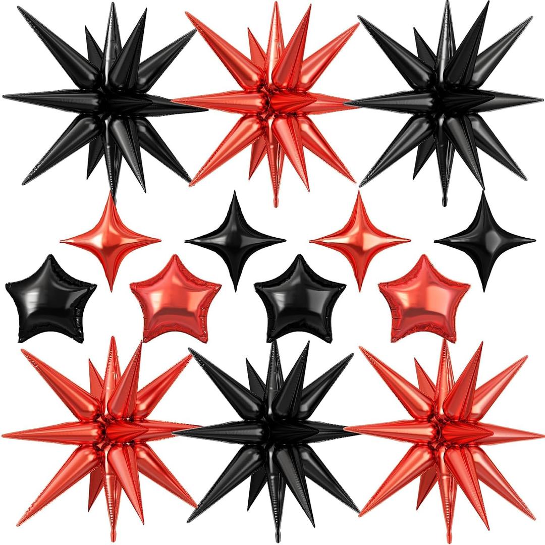 14pcs Black Red Star Balloons, Mixed Star Foil Balloon, 22Inch Explosion Stars Balloons with 10Inch Stars Shaped Balloon, for Graduation Birthday Anniversary BBQ Casino New Year Party Decorations