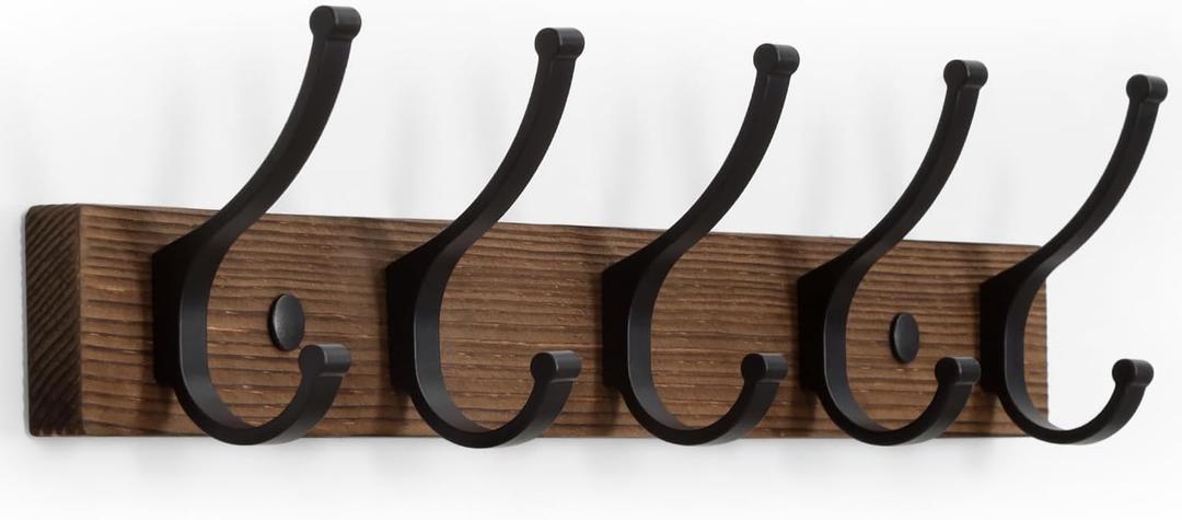 Coat Rack Wall Mount, 16.5 Inches Wood Coat Hooks Wall Mount, Wall Coat Rack with 5 Hooks, Hat Rack Wall Hooks for Hanging Coat, Bag, Towel (1Pack, Brown)