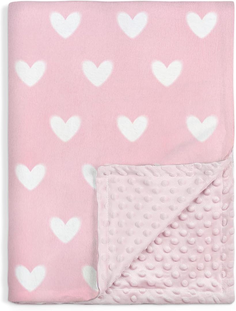 Heart Minky Baby Blanket 30 x 40 Inches for Girls, Soft Plush Receiving Blanket with Dotted Back, Gift for Toddler Newborn Infant Christmas Birthday Baby Shower