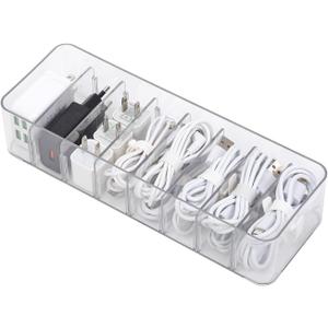 Yesesion Clear Plastic Cable Organizer Box with Adjustment Compartments, Desk Accessories Storage Case with 10 Wire Ties for Drawer, Office Supplies, Electronic Management, Battery and Charger