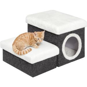 B FSOBEIIALEO Cat House Pet Stairs for Beds Sofa, Foldable Dog Steps 2-Tier With Storage Toy Box, Small Indoor Pet Steps Grey 15.7x12.6x12.6 Inches